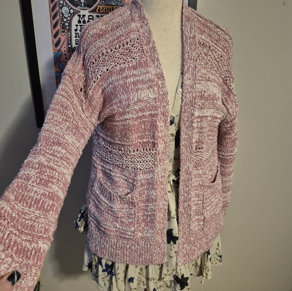Abercrombie & Fitch Pink Cream Knit Cardigan Chunky Loose Weave Crotchet Medium